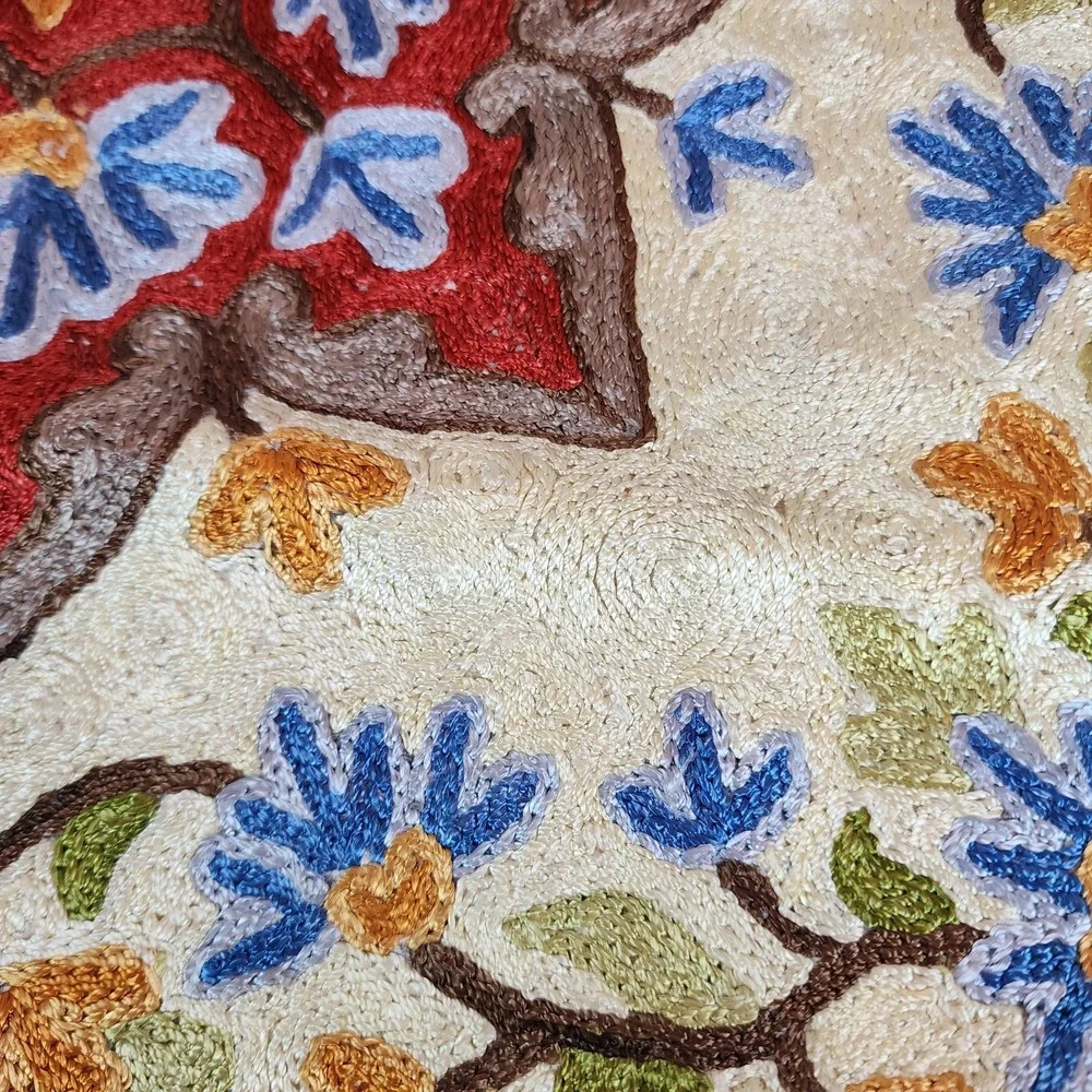 Embroidered Floral Red Blue Throw Pillow Case 16X16 Boho Cottage Decor New